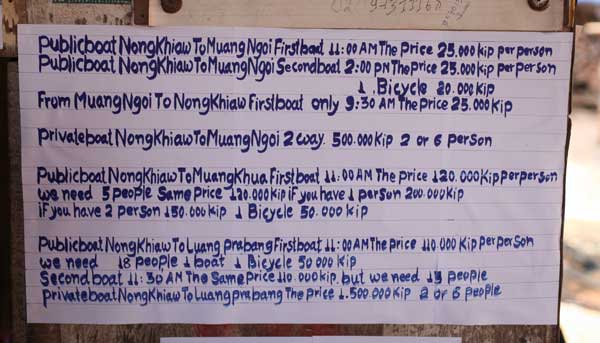 Prices out of Nong Khiaw as of January 2013